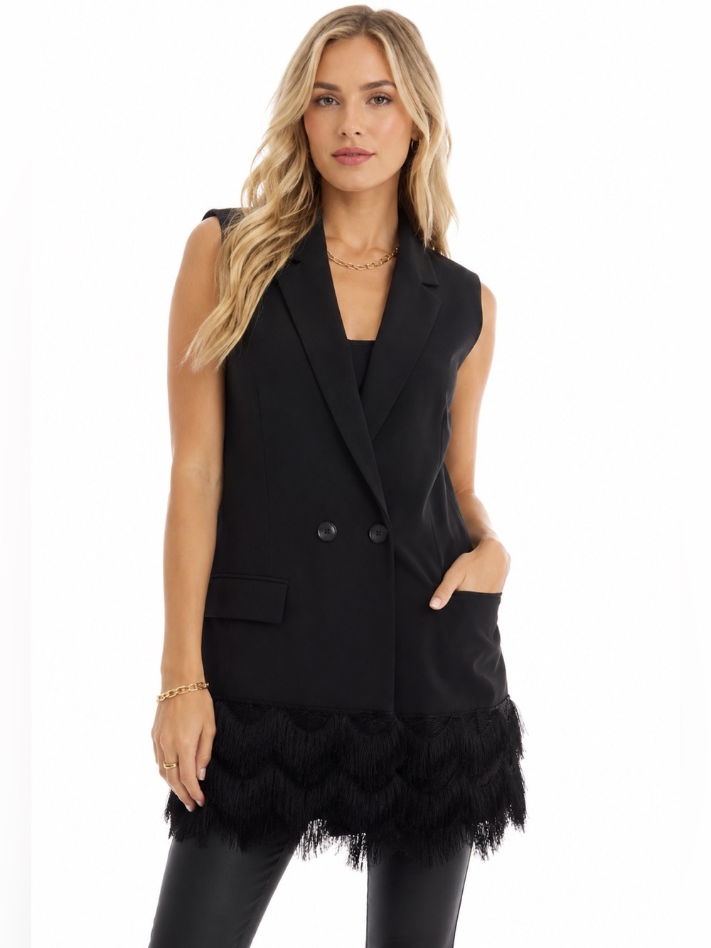 The Limited Black Fringe Hem Sleeveless Blazer Vest Women’s Small